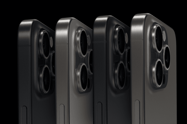 iPhone 15 Pro in all four new titanium finishes - black, white, blue, and natural titanium. Apple