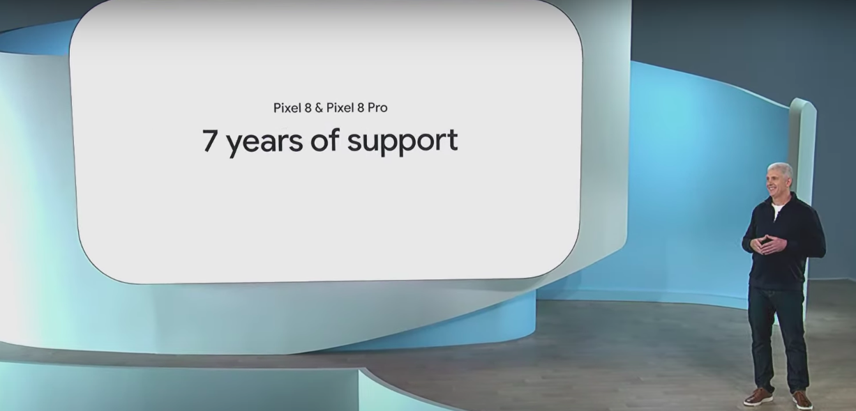 A text showing how many years of software support the Pixel 8, 8 Pro will get