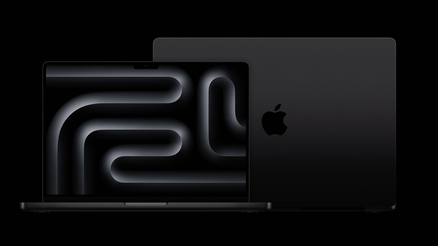 A sleek, modern MacBook Pro displayed against a black background. The image shows two MacBook Pro laptops, one with its screen open and the other closed, positioned side by side. The open laptop screen features a futuristic, abstract design with curved lines in shades of black and gray, emphasizing the high-resolution display.