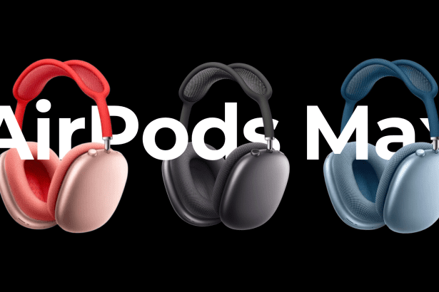 Three pairs of Apple AirPods Max in different colors (red, black, and blue) displayed against a black background with the text “AirPods Max” prominently overlaid.​