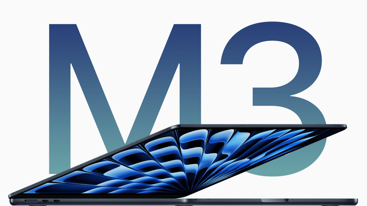 Apple MacBook Air with M3 chip showcased in a sleek, modern design, displaying vibrant blue graphics on the screen, with a gradient ‘M3’ text in the background