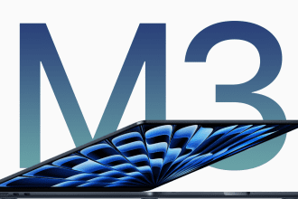 Apple MacBook Air with M3 chip showcased in a sleek, modern design, displaying vibrant blue graphics on the screen, with a gradient ‘M3’ text in the background