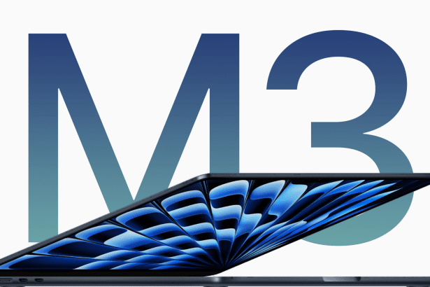 Apple MacBook Air with M3 chip showcased in a sleek, modern design, displaying vibrant blue graphics on the screen, with a gradient ‘M3’ text in the background